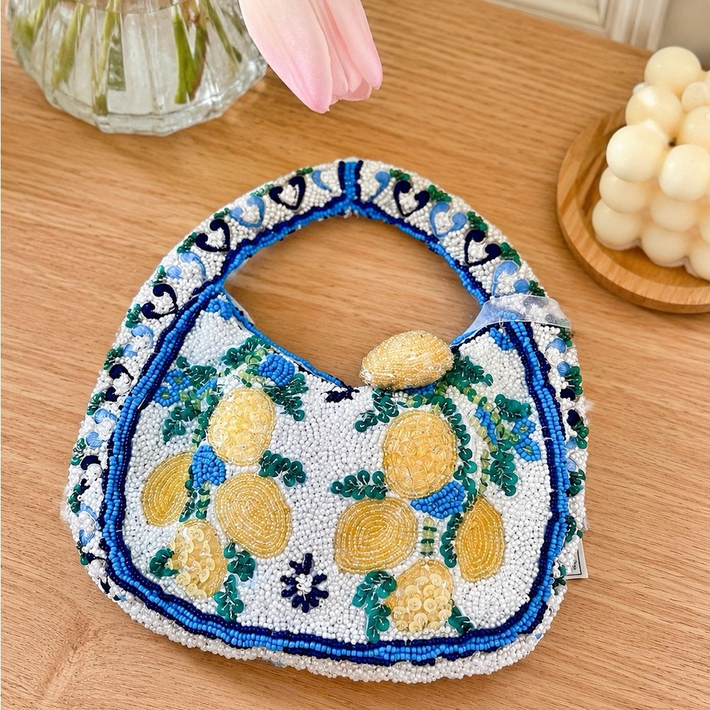 Handmade Indian Beaded Lemon Mini Hobo Bag NWT Top Handle Purse Cute Summer